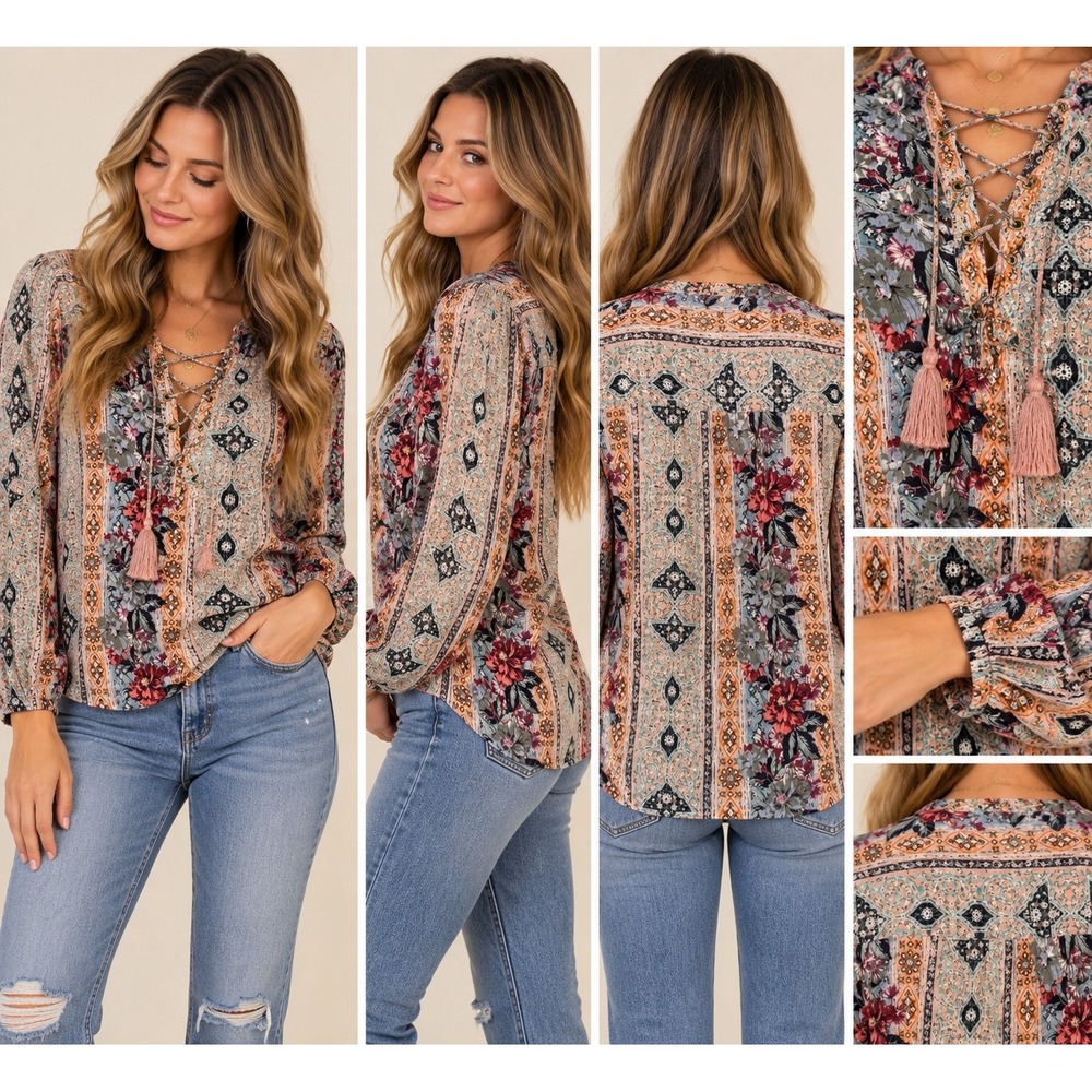 Show Me Your Mumu Thatcher Tie Top Floral Boho Lace Up Tassel Blouse XS Multi